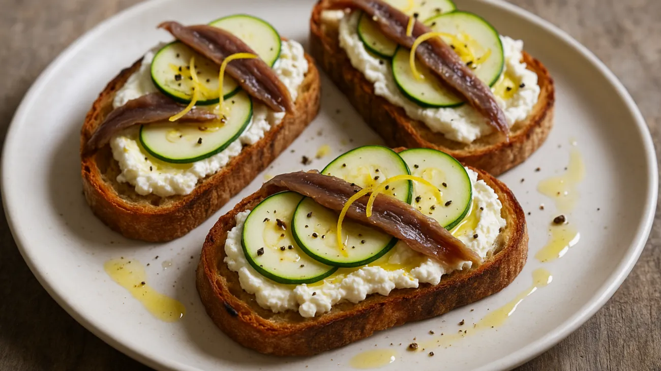 Bruschette pane ricotta acciughe zucchine limone"